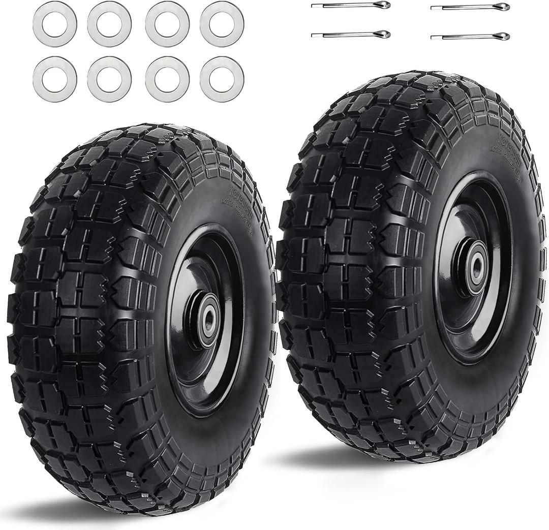 Kavedodu 12'' Flat Free Tires Rubber Replacement Solid Tire and Wheel Assemblies for Hand Trucks Garden Cart Wheelbarrow - 3.5Wide Polyurethane Tires 2.1 Hub with 5/8 Inch Axle Borehole (410/350-6)