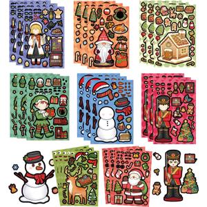 24 Sheets Christmas Stickers for Kids, Make a Face Sticker, Make Your Own Christmas Characters Mix and Match Stickers Santa Reindeer, Xmas Holiday Party Favor Supplies