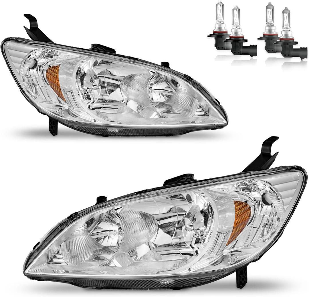 Headlights Assembly for 2004-2005 Honda Civic 2/4Door Halogen Headlamp Replacement, High/Low Beam W/Bulbs, Driver & Passenger Side