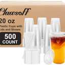 Clawsoff 500 Pack 20 oz Disposable Clear Plastic Cups with Lids and Straws