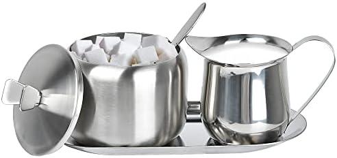 Sugar and Creamer Set, Coffee Serving Set, Stainless Steel Latte Milk Cup Cream Jug and Sugar Bowl with Lid and Spoon Tray Server for Coffee Tea Pepper Spices