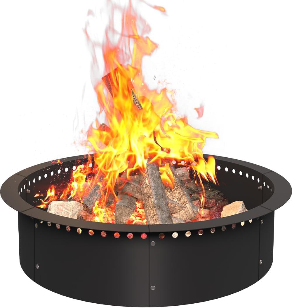 31 Inch Smokeless Fire Pit Ring Insert Outdoor, Heavy Duty Metal Steel DIY Firepit Rim Liner Round Campfire Rings for Outside Wood Burning Above or In-Ground, Black