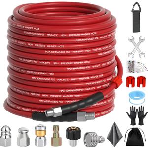 Sewer Jetter Kit 100FT for Pressure Washer, 5800 PSI Drain Cleaner Hose 1/4 Inch NPT with Spray Nozzle, Button Nose and Rotating Sewer Jetting Nozzle, Spanner Teflon Tape Pearl Corsage Pin
