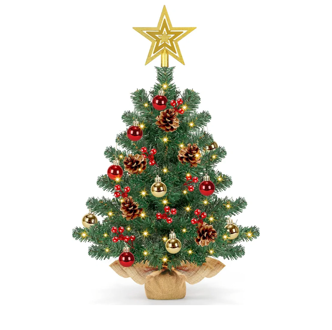 8 Modes & Timer] 24 Inch Small Tabletop Christmas Tree with 50 Warm White Lights Star Treetop and Ornaments Artificial Mini Christmas Tree Indoor Home Table Christmas Decorations