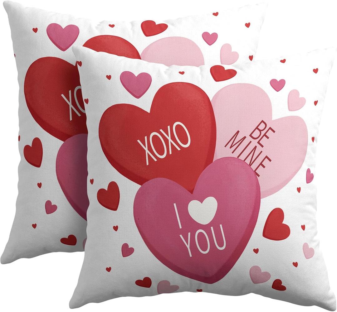 Valentines Day Pillow Covers 18x18 Set of 2 White Pink Heart Throw Pillow Covers Love Pillowcase Linen Decoration Farmhouse Holiday Cozy Soft Cushion Case Couch for Indoor Outdoor Home Decor