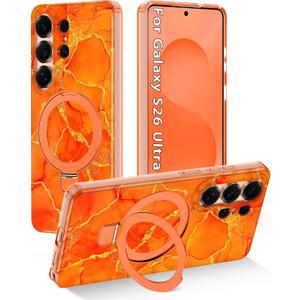 2 x Magnetic for Galaxy S26 Ultra Case with Invisible Ring Stand[Compatible with MagSafe] Full Body Slim Women Girl Shockproof Marble Pattern Design Case for Samsung Galaxy S26 Ultra,Orange/Gold