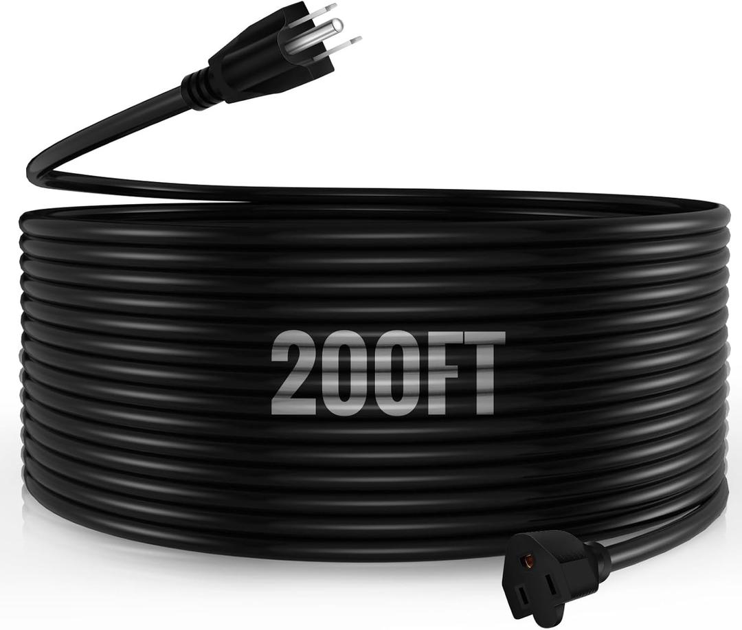 200 Foot 3 Prong Vinyl Extension Cord 16/3 Heavy Duty Extension Cord with Multiple Outlets 3 Prong 10A 1250W 16AWG SJTW Weatherproof Outdoor & Indoor Power Cable for Lawn Office