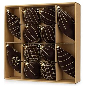 12PCS Velvet Christmas Ornaments Balls 3.15/6.6 Inch Flocked Ornament Sets Glitter Balls for Xmas Hanging Ornaments Decoration Wedding Party Holiday Decor - Chocolate Brown