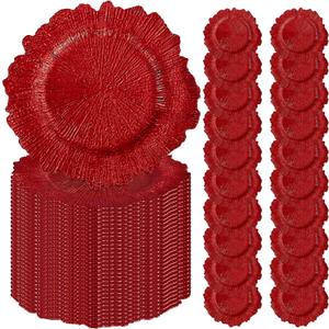 50PCS Red Charger Plates 13" Round Charger Plates Bulk Reef Chargers for Dinner Plate Decorative Red Chargers Plastic Plate for Wedding Party Event Baby Bridal Shower Table Decoration