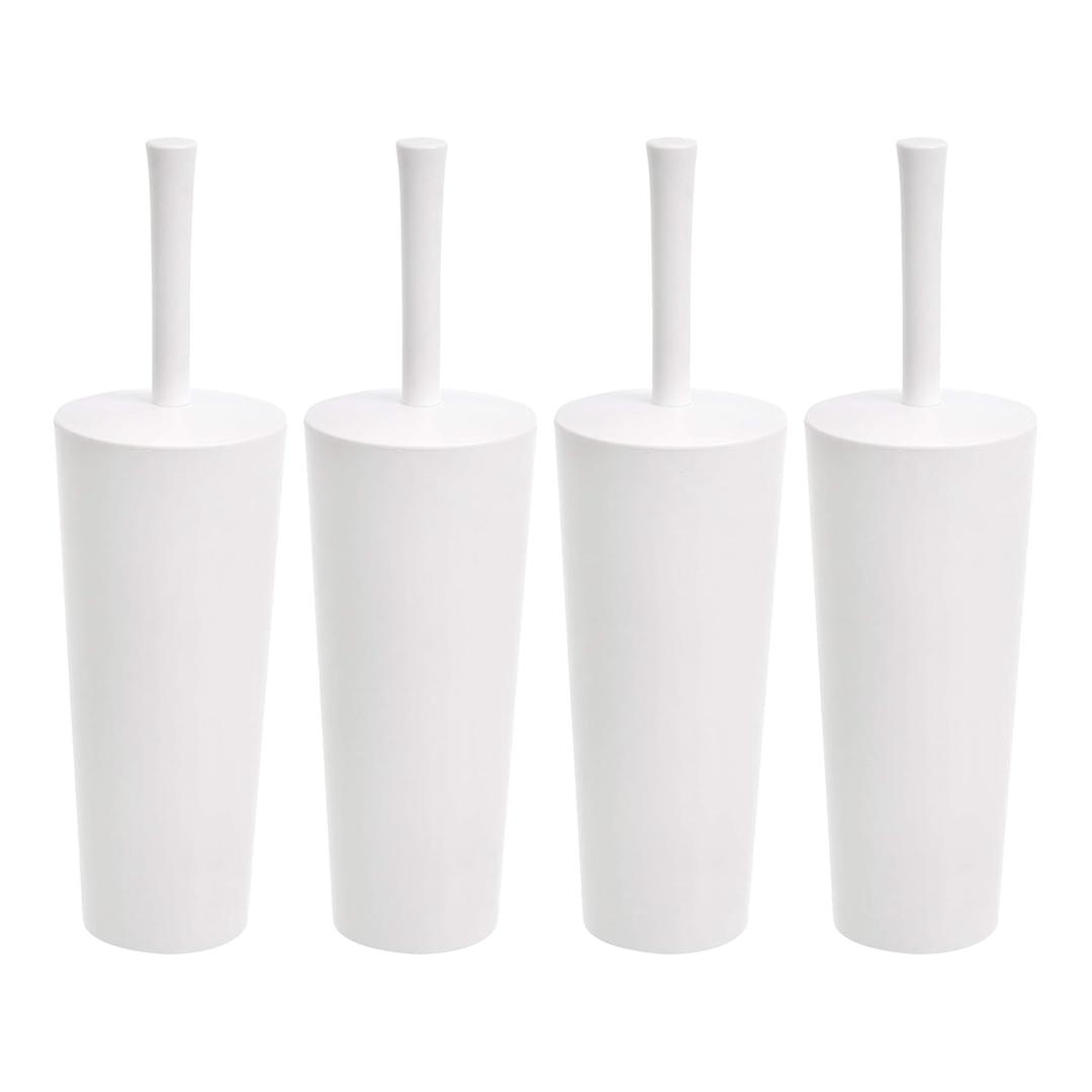 Amazon Basics Toilet Brush and Holder Set, Heavy-Duty Bristle Scrub Brushes with Non-Slip Handle, White, 4-Pack