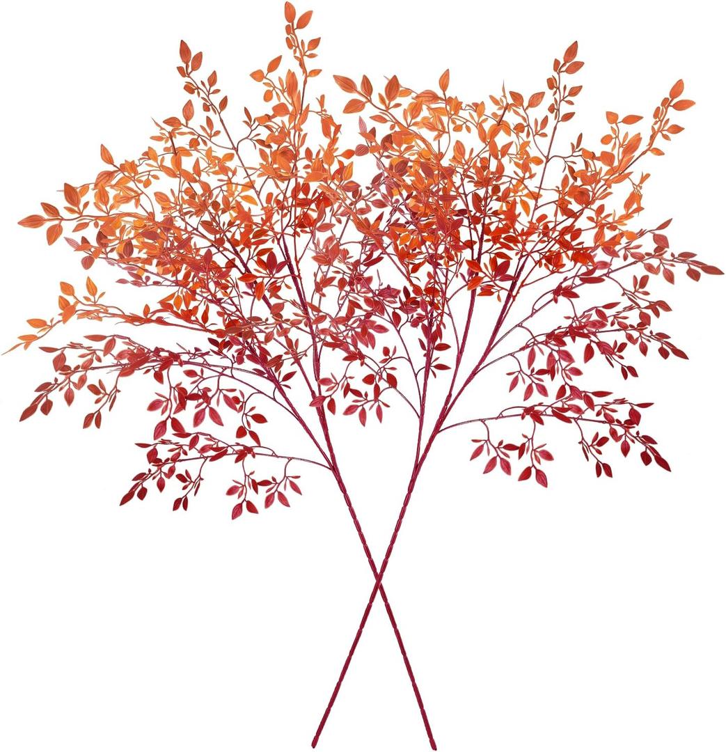 2Pcs 43.3in Artificial Fall Branches, Fake Ficus Twig Plants with Leaves for Thanksgiving Autumn Home Office Wedding Vase Filler Table Centerpiece Fireplace Decor (Orange Nandina)