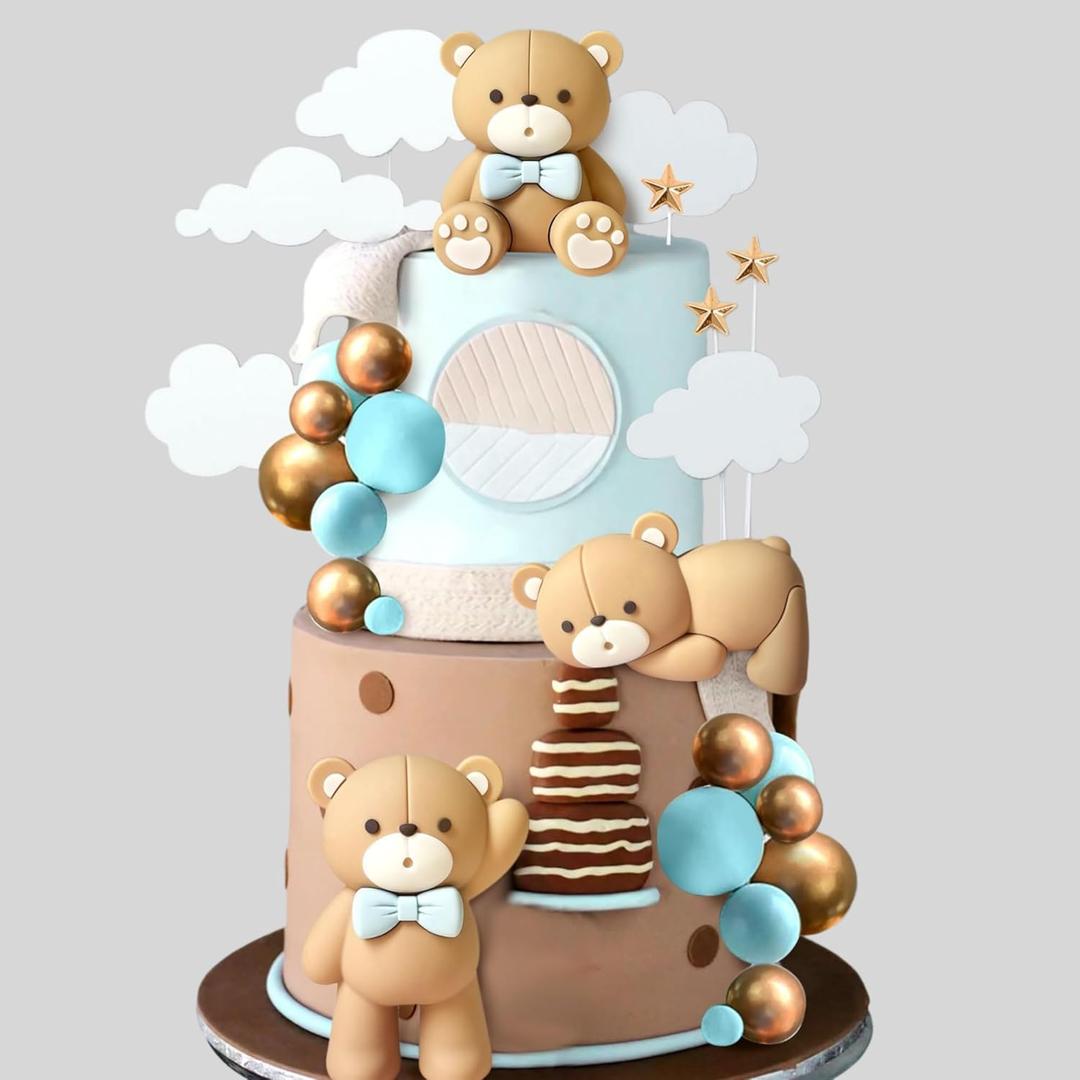 JeVenis Luxury Blue Bear Cake Decoration Blue Gold Balls Cake Topper Baby Shower Birthday Cake Decoration