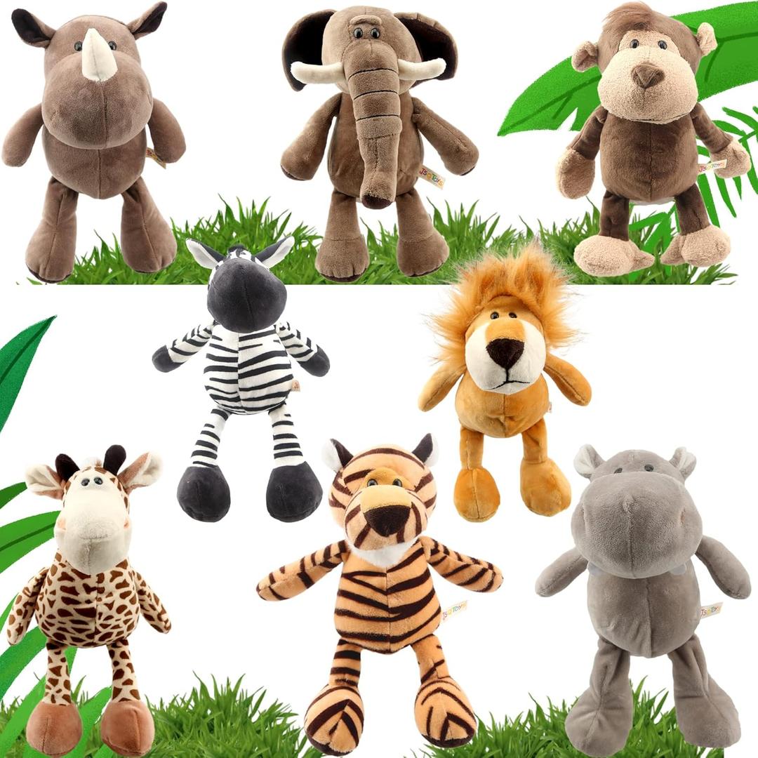 8 Pieces 11 Inch Jungle Animal Plush Toys Plush Lion Elephant Zebra Giraffe Tiger Monkey Rhino Hippopotamus Safari Stuffed Animals Set for Jungle Safari Zoo Theme Parties