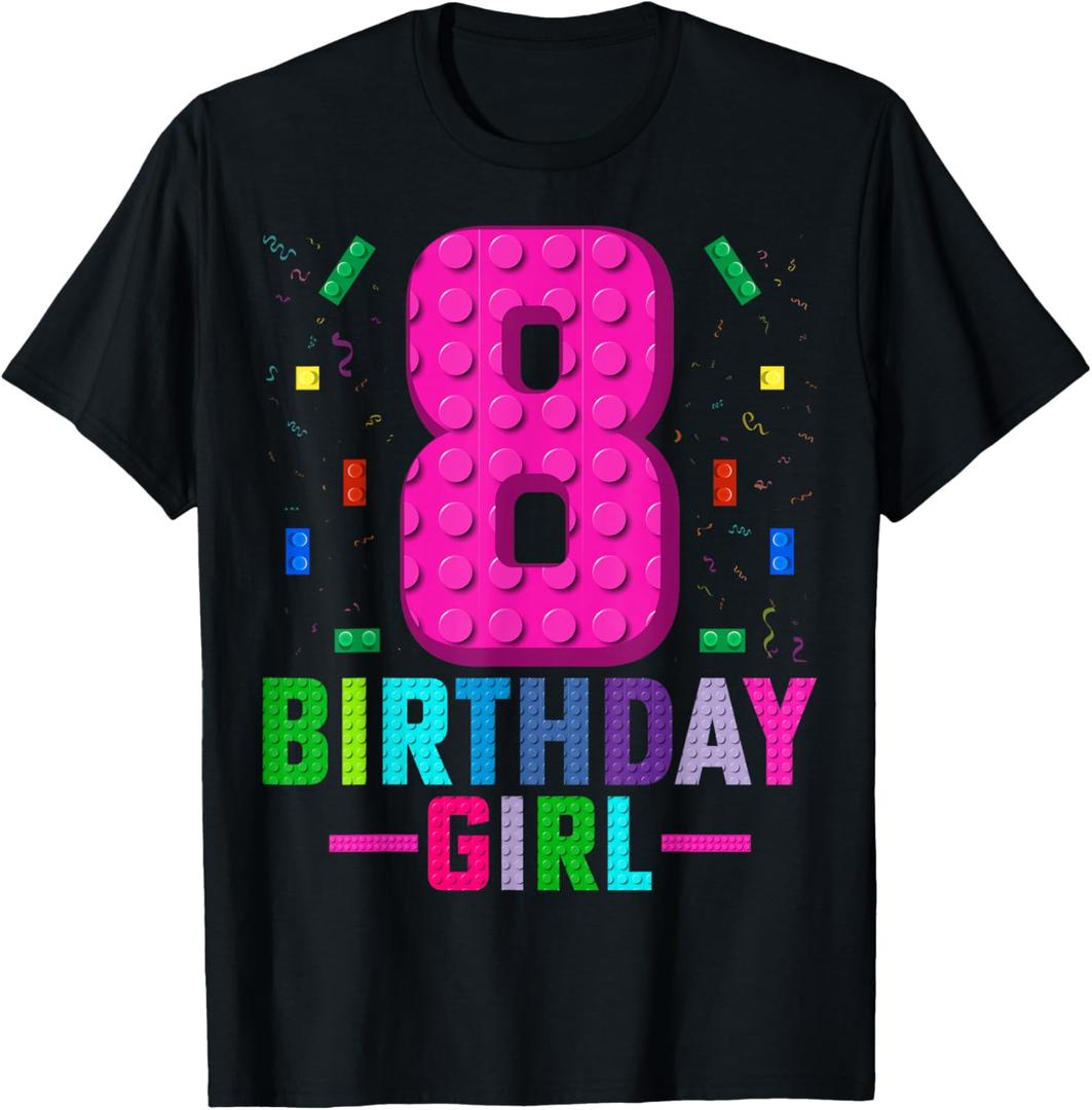 Kids Builder 8 Years Old Building Blocks 8th Birthday Girl T-Shirt, Medium