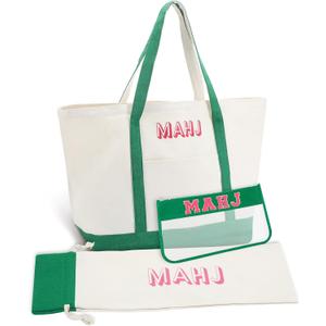 3 Pcs Empty Mahjong Canvas Bag Gift Embroidered American Mahjong Set Incl Tiles Bag and Racks & Pushers Drawstring Bags(Green,Regular)
