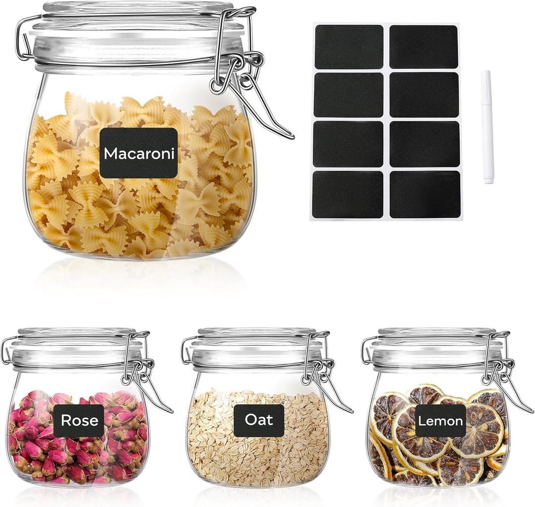 Glass Food Storage Jars with Airtight Lids 13 oz Round 4 Pack Kitchen Storage Containers Small Cabinet Canisters Sealed Pot Canning for Pasta, Cereal, Coffee, Beans, Spice