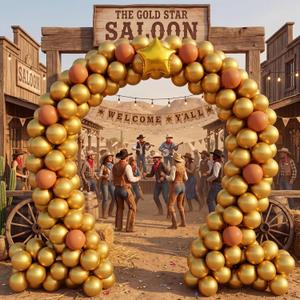 266 Pcs Western Cowboy Balloon Arch Kit Gold Tan Cowboy Arch Garland Decorations with Star Foil Balloons for Western Rodeo Birthday Bachelorette Baby Shower Wedding Cowgirl Party Supplies, 12 inch