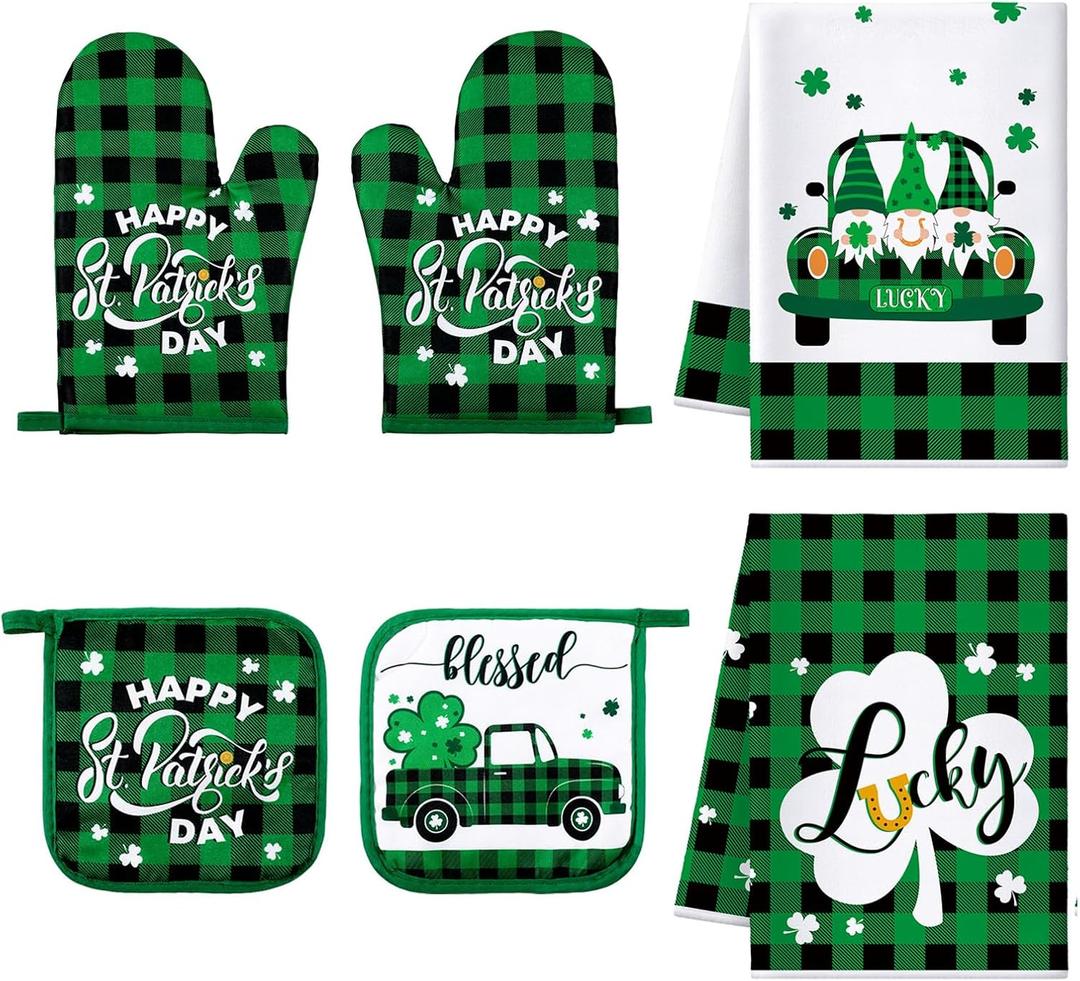 Bencailor 6 Pcs St. Patrick's Day Kitchen Decor Set Kitchen Towels Oven Mitts Pot Holder Irish Shamrocks Leprechauns Gnome Lucky Party Gifts Decorations for Home Housewarming (Green)