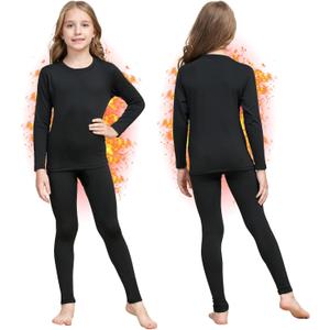 Girls Thermal Underwear Set Ultra Soft Fleece Lined Kids Long Johns Top Bottom Thermals Kids Base Layer Winter Warm, Small, Black