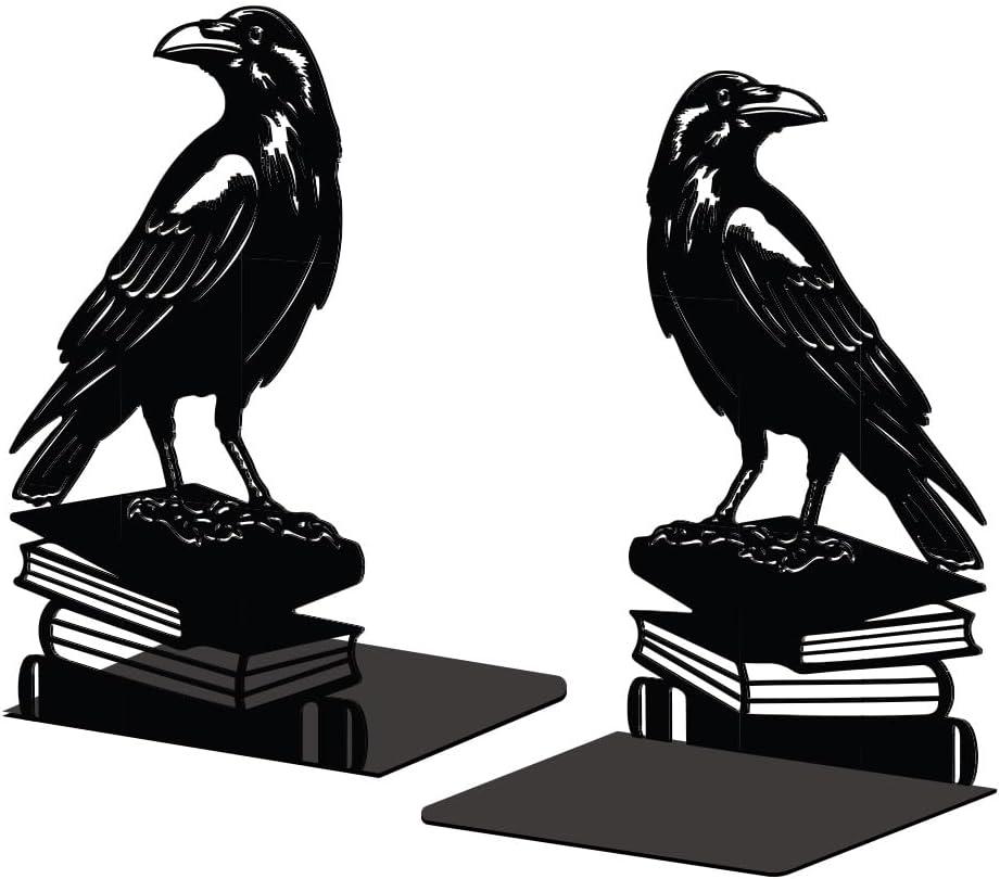 Peacoblue Metal Bookends for Shelves, Modern Decorative Heavy Duty Study Book Support Stoppers for Office, Desk, Shelf, Room 5.3"x4.3"x7.9" Cast Iron Simple Tall Bookends, 1 Pair (Crow on Book Stack)