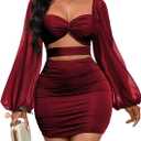 GothDark Womens Sexy Mesh Dress Bodycon Cut Out Puff Sleeve Ruched Party Club Homecoming Mini Dresses (Medium, Red)