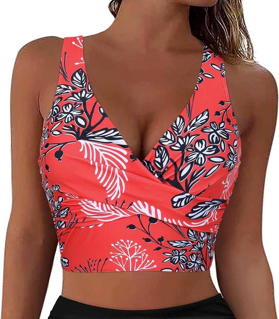 Firpearl Women's Underwire Bikini Tops Only - Longline Swimsuit Top Criss Cross Push Up Swim Crop Top (14, Red Floral)
