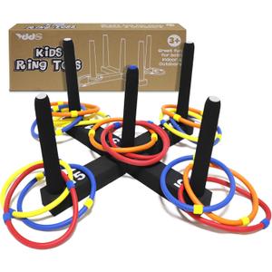 Ring Toss Game Indoor & Outdoor Game for Family and Adults with 5 Poles, 2 Bases and 16 Rings in 4 Colors, Soft Foam Toy Backyard Ring Toss Fun