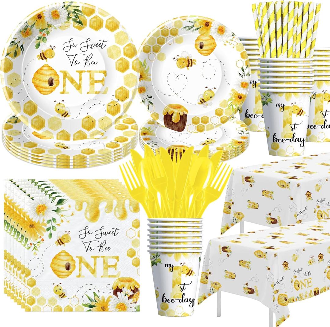Bee 1st Birthday Party Decorations Tableware - Bumble Bee First Birthday Party Supplies for One Year Old, Paper Plates, Cups, Napkins, Tablecloth, Cutlery, Straw | Serves 24