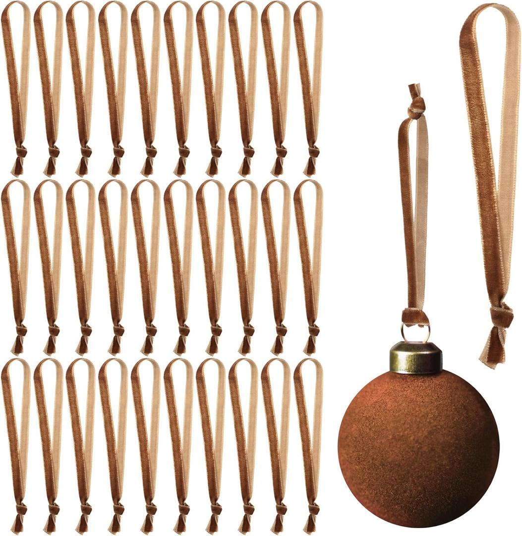 Brown Christmas Ornament Hangers 12" Velvet Christmas Tree Ribbon Hanging Strings Ornament Strap Loops Velvet Ribbon Hangers for Garland Decoration