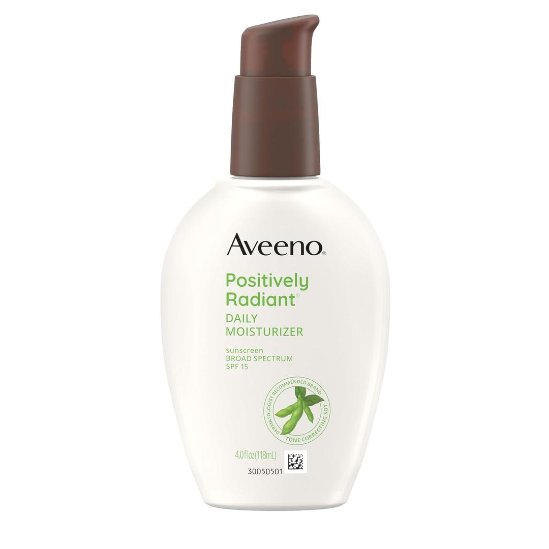 Aveeno Positively Radiant Daily Face Moisturizer with SPF 15 Sunscreen, Hydrating Facial Moisturizer with Soy Extract to Improve Skin Tone and Texture, Hypoallergenic Formula, Oil-Free, 4 FL OZ Exp: 12-27