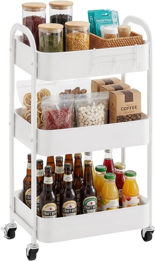 MAX Houser 3-Tier Rolling Utility Cart with Caster Wheels, Easy Assembly, for Kitchen, Bathroom (White)