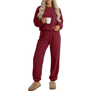 2 Piece Women's Fuzzy Pajamas Sets Long Sleeve Crop Top Fleece Pullover Casual Fluffy Pants Loungewear Sleepwear (Medium, Wine Red)