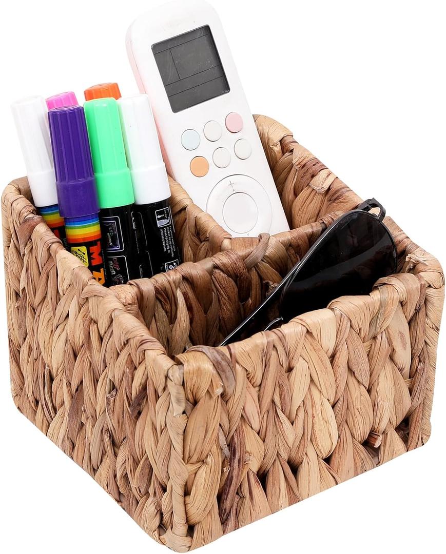 Wicker Remote Control Holder Hand Woven Water Hyacinth Storage Basket with 3 Compartments,Cosmetic Storage Box for Desk,Home Organization