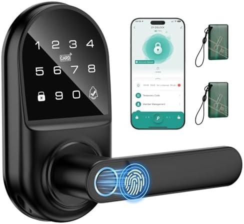 Smart keypad Door Lock with Handle, Fingerprint Keyless Entry Digital Lock with Built-in doorbell for Front Door, Bedroom, Biometric Door knob, APP Control