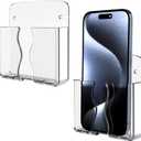 Wall Mounted Phone Holder, Clear Phone Stand Self Adhesive with Charging Hole Compatible with iPhone and Android Smartphone Cradle Bedside Organizer Remote Control Stand for Home Office 2-Pack