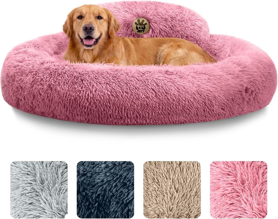 PetJett Large Dog Bed - 36'' Calming Donut Dog Beds, Anti-Slip & Washable Large Round Bed, Fluffy Faux Fur Pet Bed, Super Soft Anti-Anxiety Premium Comfort Bed, Fits Dogs up to 80 lbs - Pink
