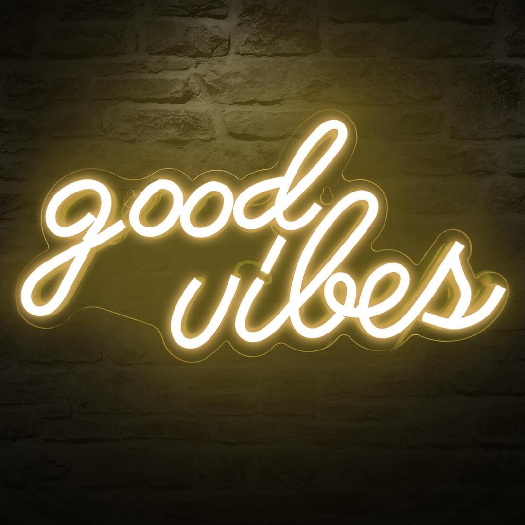DECANIT Good Vibes Neon Sign for Wall DecorPowered by USB Neon Light for Bedroom Decor, Warm White Color,16.1"x 8.3"x 0.6"