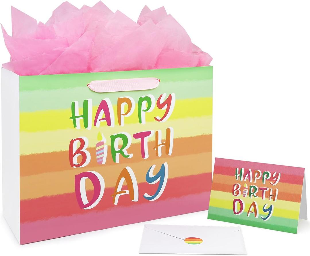 5 x Oletx 13" Rainbow Gift Bags Happy Birthday Party Favor Paper Bags Set with Tissue Paper Greeting Card for Women' Birthday Party, Wedding, Anniversaries, Monther's Day