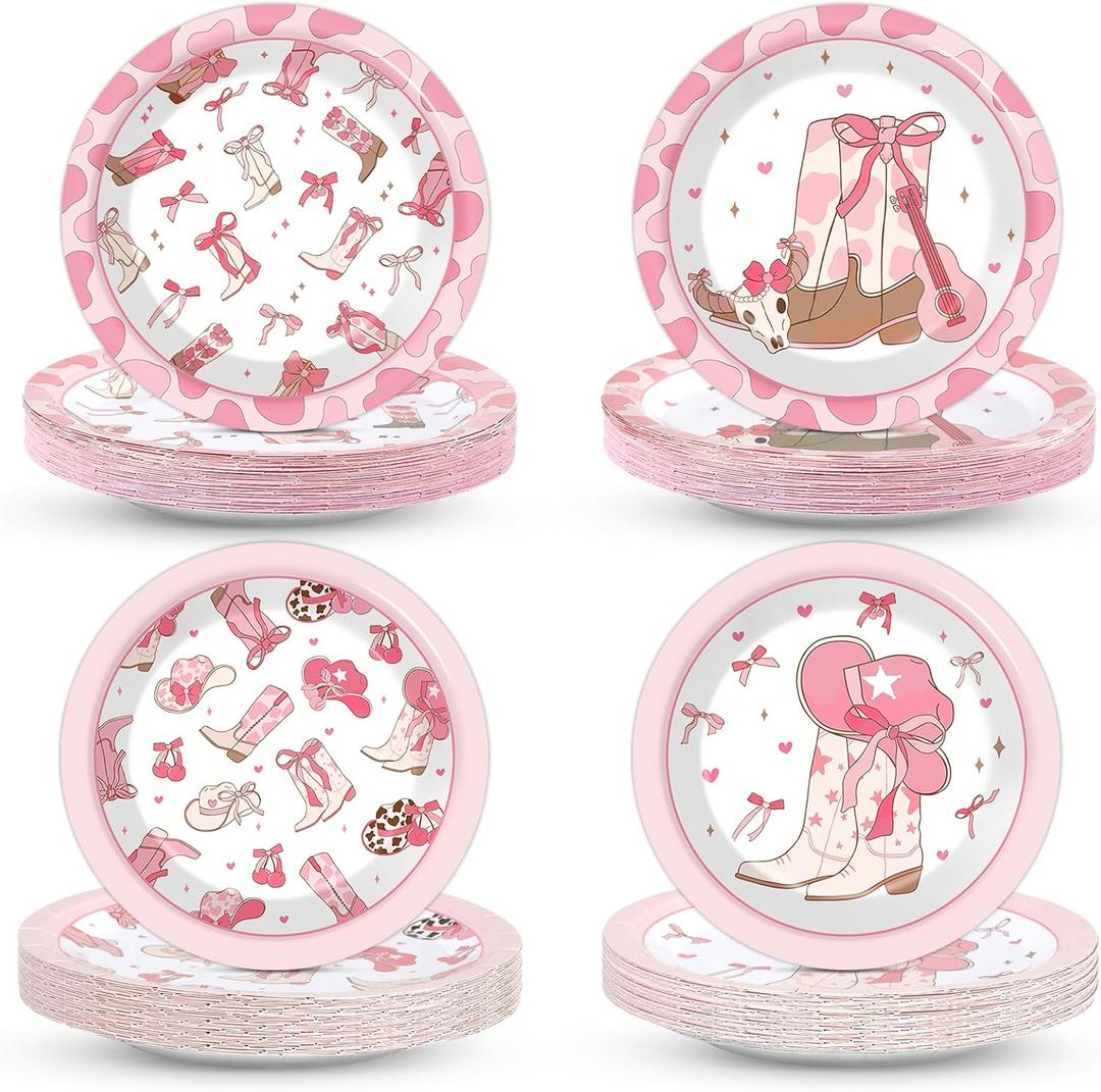 48 Pcs Pink Western Cowgirl Paper Plates Coquette Bow Cowgirl Disposable Tableware Pink Bowknot Dinnerware Rodeo Bachelorette Party Supplies for Baby Shower Wedding Birthday Party Decorations