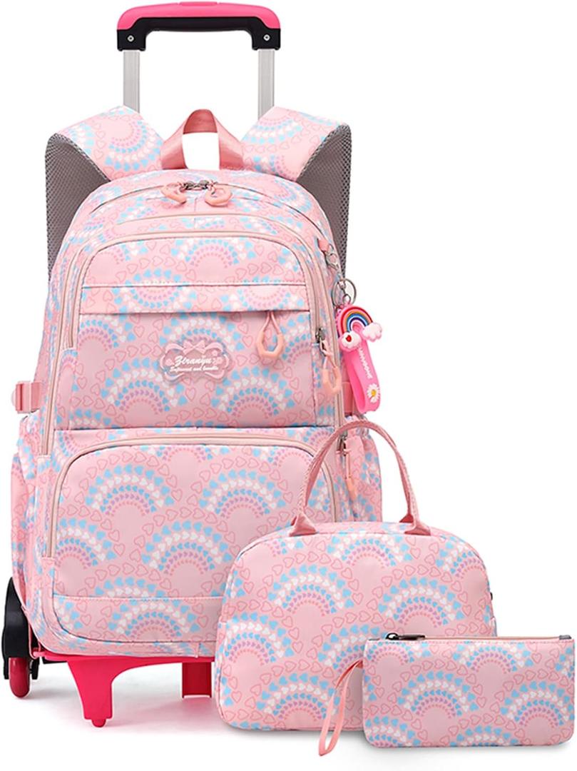3PCS Girls Rolling Backpack Elementary Student Schoolbag Travel Trolley Bag Wheeled Bookbag with Lunch Box (6 Wheels, 3pcs-pink-6 Wheels)