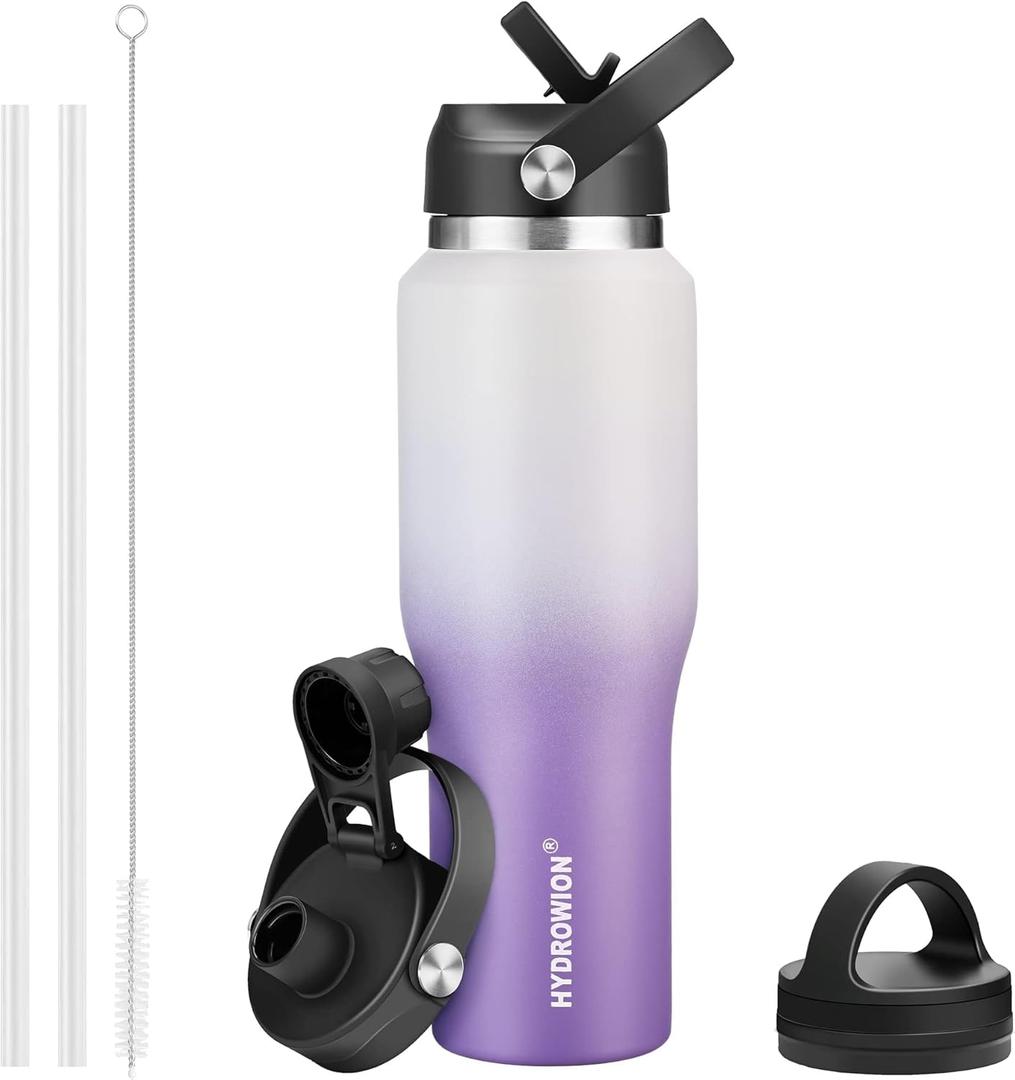 40 oz Insulated Water Bottle with Straw fit in Car Cup Holder(Cold 48 hrs, Hot 24 hrs) Drinking Bottle with Straw Lid, Spout Lid and Flex Cap Leakproof Travel Thermo MugWhite - Purple