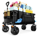 Collapsible Wagon Cart Heavy Duty Foldable, Folding Beach Wagon with Big Wheels for Sand, Utility Grocery Cart with Side Pocket and Brakes for Camping Sports Outdoor Activities, Black