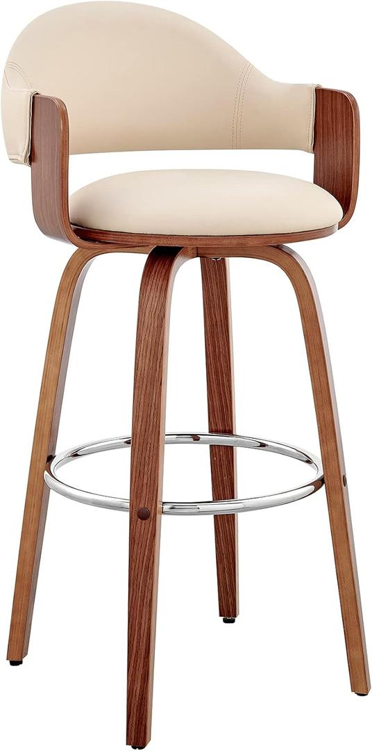 Armen Living Daxton Mid Century Modern Swivel Bar Stool for Kitchen Island Counter in Cream Faux Leather and Walnut Wood, 26" Seat Height
