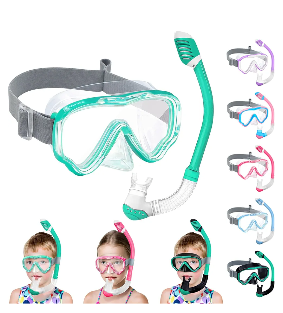 Vvinca Snorkeling Gear for Kids Dry Top Kids Snorkel Set for Boys Girls Junior Youth Children Age 4-14 Swim Goggles with Nose Cover Anti-Fog Panoramic View Adjustable Elastic Diving Mask and Snorkel