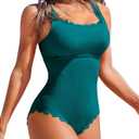 Charmo Womens Scalloped Ribbed One Piece Swimsuits Retro Square Neck Modest Bathing Suits (Large, Teal)