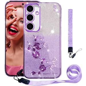 CCSmall Bling Case for Samsung Galaxy S24 FE with Crossbody Lanyard, Cute Sparkle Glitter Diamond Flower Shoulder Strap Wristband Protective Case Cover for Samsung Galaxy S24 FE YSH Purple