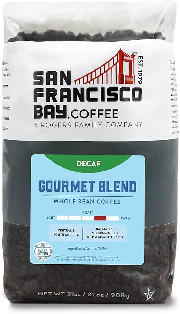San Francisco Bay Coffee - Decaf Medium-Dark Roast Whole Bean Coffee - Decaf Gourmet Blend (2 lb bag) - Swiss Water Processed (BBD 15 APR 2026)