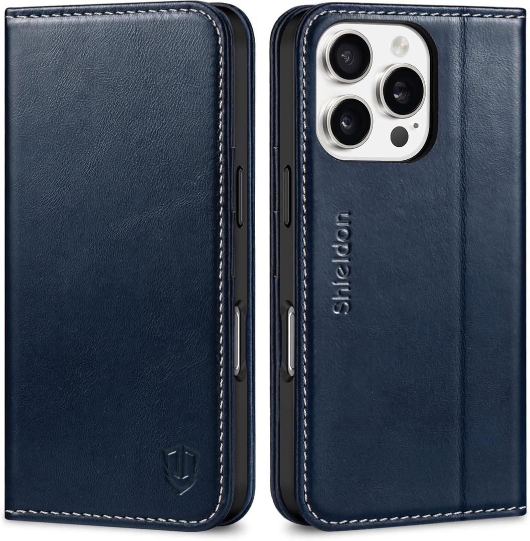 SHIELDON Case for iPhone 16 Pro 6.3", Genuine Leather Wallet Flip Magnetic Cover RFID Blocking Credit Card Holder Kickstand TPU Shockproof Case Compatible with iPhone 16 Pro 5G - Retro Dark Blue