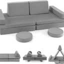 Costzon Kids Play Couch Sofa, Large Modular Folding Sofa Building Fort Playset with Handle, Machine-Washable Cover, Convertible Foam Cushion for Playroom Bedroom Boys Girls Gifts (10-Piece, Gray)