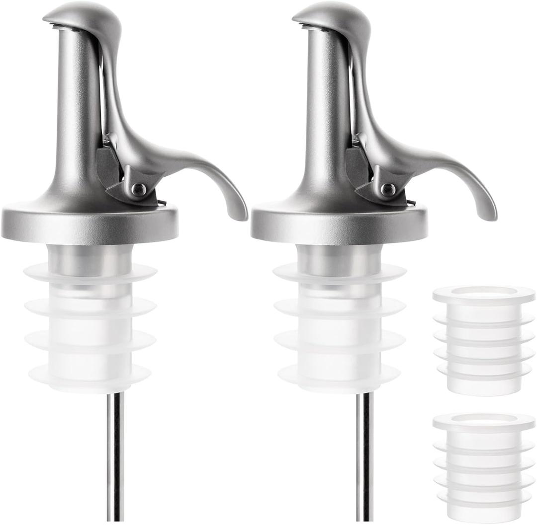 3-in-1 Liquor Bottle Pourers with Speed Spouts, Olive Oil Spout with Built-in Caps - Dishwasher Safe, Alcohol Speed Spouts - 2PCs with 2 Adapters (Silver And White)